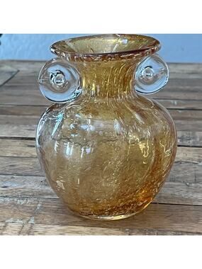 Vintage Hand Blown Glass Vase 5.5 in Amber Yellow Bubble Design w Scroll Handles